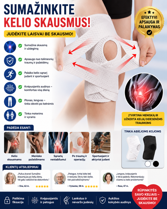 Baltas kelio įtvaras, kuris padės komfortabiliau judėti ir sumažins keliamą skausmą