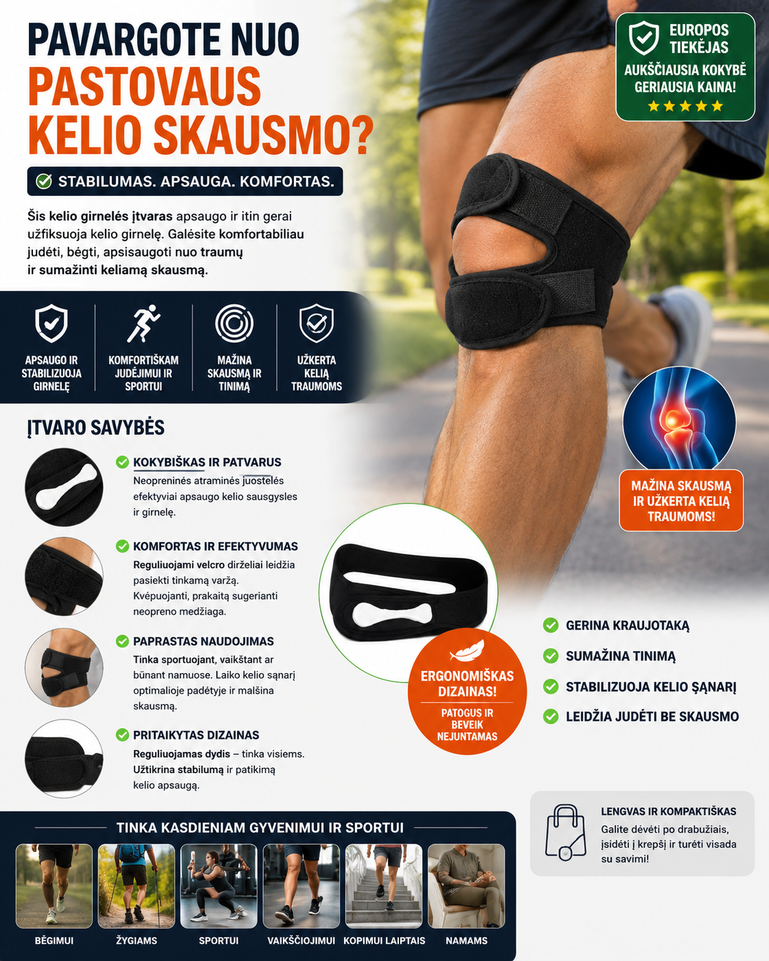 Kelio girnelės įtvaras nuo traumų, kuris mažina skausmą