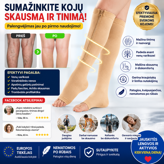 Kompresinės kojinės su užtrauktuku, kurios pagerina kraujotaką (pora)