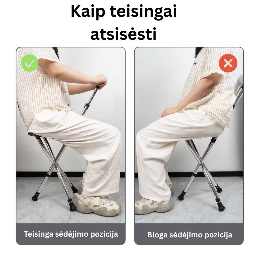 Palyginimas, kaip teisingai ir neteisingai sėdėti ant sulankstomos vaikščiojimo lazdelės su sėdyne, parodant taisyklingą sėdėjimo padėtį