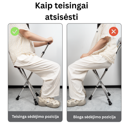 Palyginimas, kaip teisingai ir neteisingai sėdėti ant sulankstomos vaikščiojimo lazdelės su sėdyne, parodant taisyklingą sėdėjimo padėtį