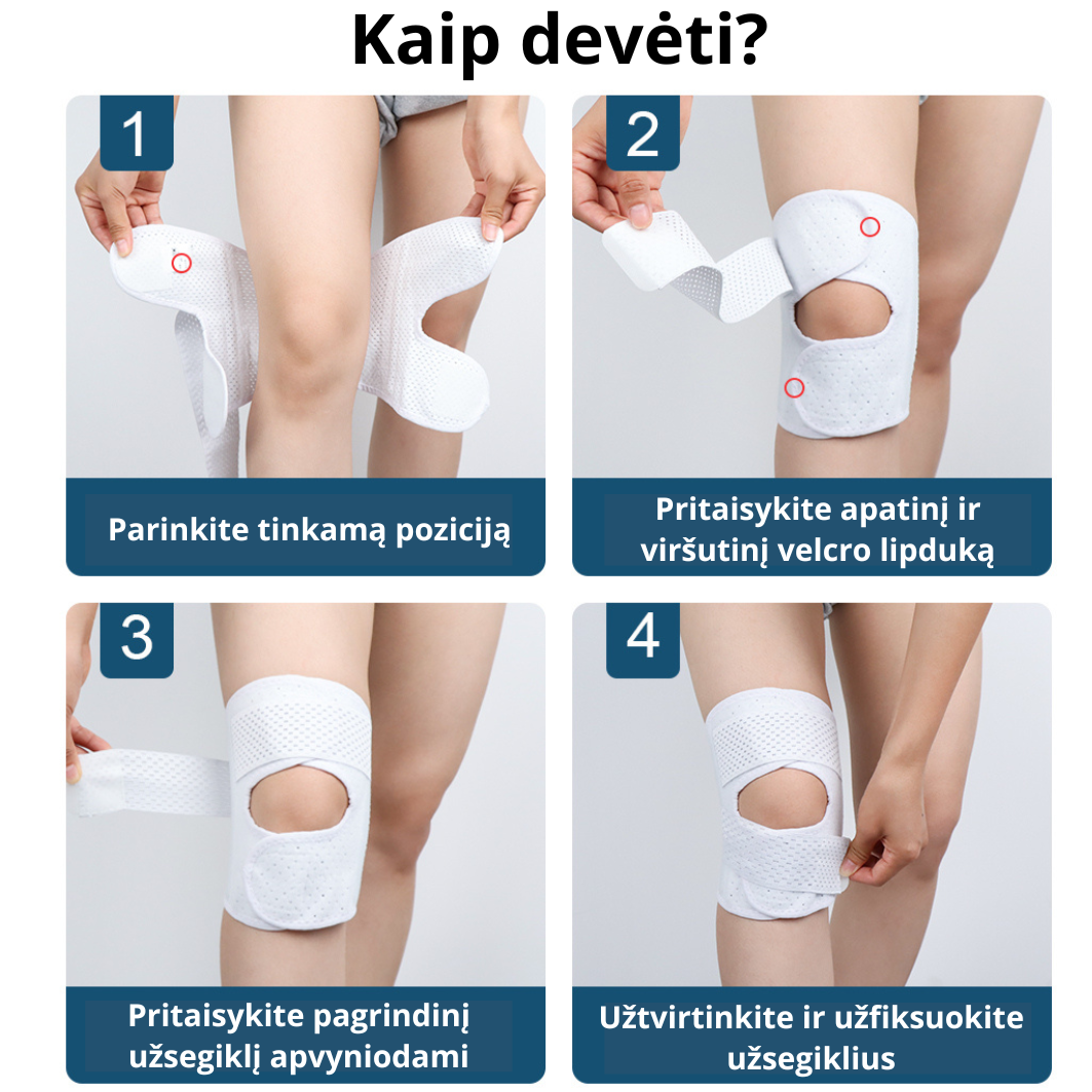 Keturi žingsniai, kaip teisingai užsidėti ir pritvirtinti reguliuojamą kelio įtvarą su Velcro dirželiais aplink kelį.