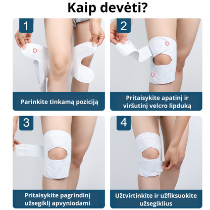 Keturi žingsniai, kaip teisingai užsidėti ir pritvirtinti reguliuojamą kelio įtvarą su Velcro dirželiais aplink kelį.
