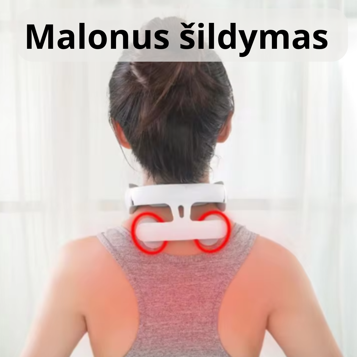 Elektrinis kaklo masažuoklis su šildymo funkcija naudojamas kaklo sričiai, parodytas šilumos poveikis kaklo raumenims