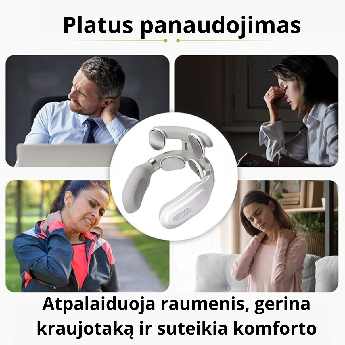 Elektrinis kaklo masažuoklis naudojamas kaklo ir pečių raumenų atpalaidavimui, parodytos skirtingos naudojimo situacijos namuose, darbe ir po fizinio aktyvumo