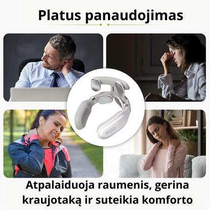 Elektrinis kaklo masažuoklis naudojamas kaklo ir pečių raumenų atpalaidavimui, parodytos skirtingos naudojimo situacijos namuose, darbe ir po fizinio aktyvumo