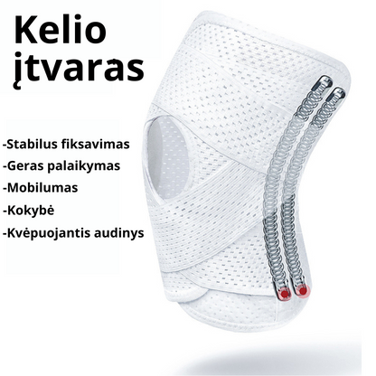 Baltas kelio įtvaras su šoninėmis spiralinėmis atramomis, atvira girnelės sritimi ir kvėpuojančiu audiniu stabiliam kelio prilaikymui