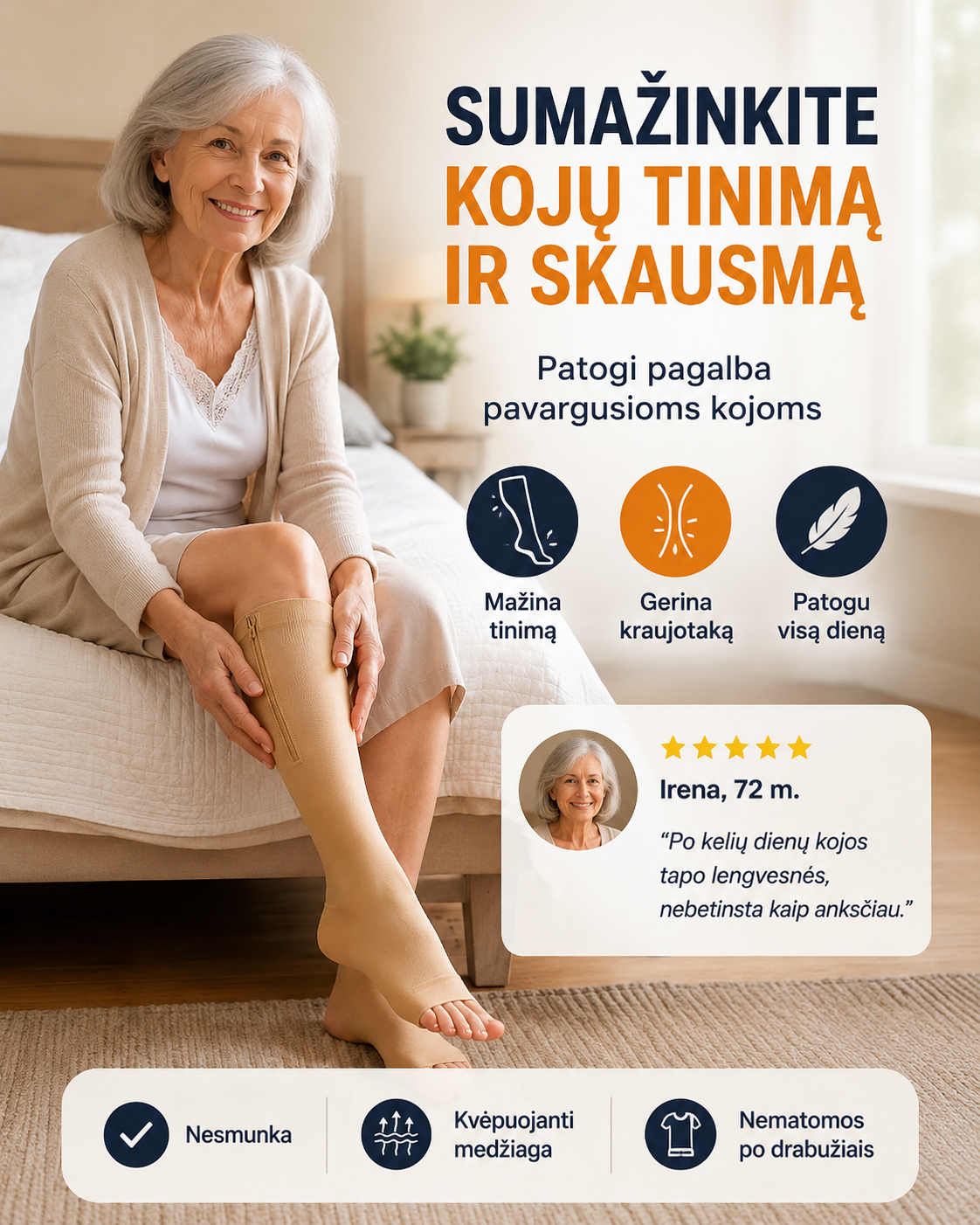 Vyresnio amžiaus moteris dėvi smėlio spalvos kompresines kojines su užtrauktuku sėdėdama ant lovos