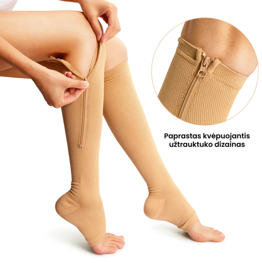 Kompresinės kojinės su šoniniu užtrauktuku, leidžiančiu lengvai apsimauti ir patogiai priglusti prie kojos.