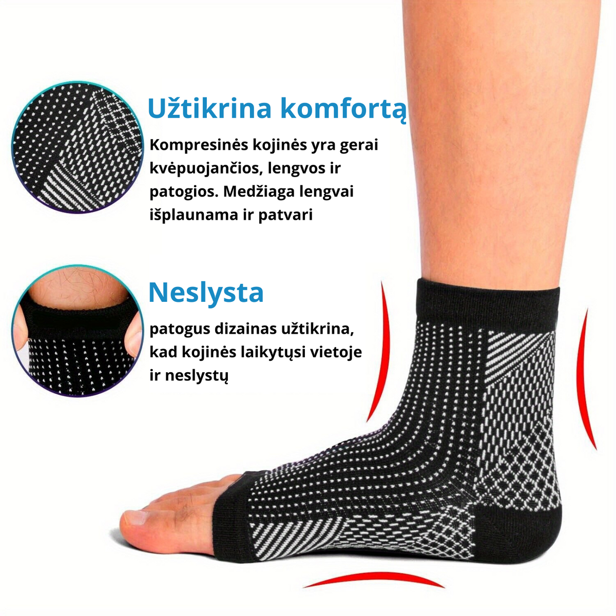Juodas kompresinis čiurnos įtvaras su kvėpuojančia medžiaga ir neslystančiu dizainu, užtikrinantis kulkšnies stabilumą ir patogų prigludimą