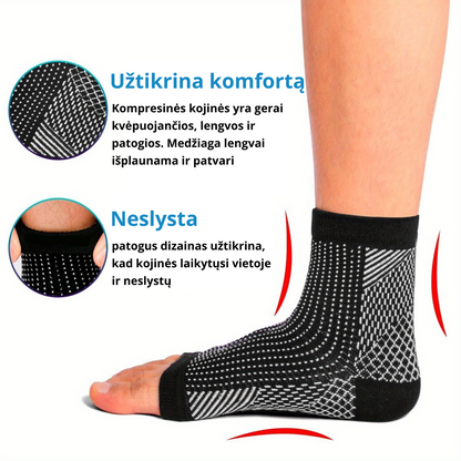 Juodas kompresinis čiurnos įtvaras su kvėpuojančia medžiaga ir neslystančiu dizainu, užtikrinantis kulkšnies stabilumą ir patogų prigludimą