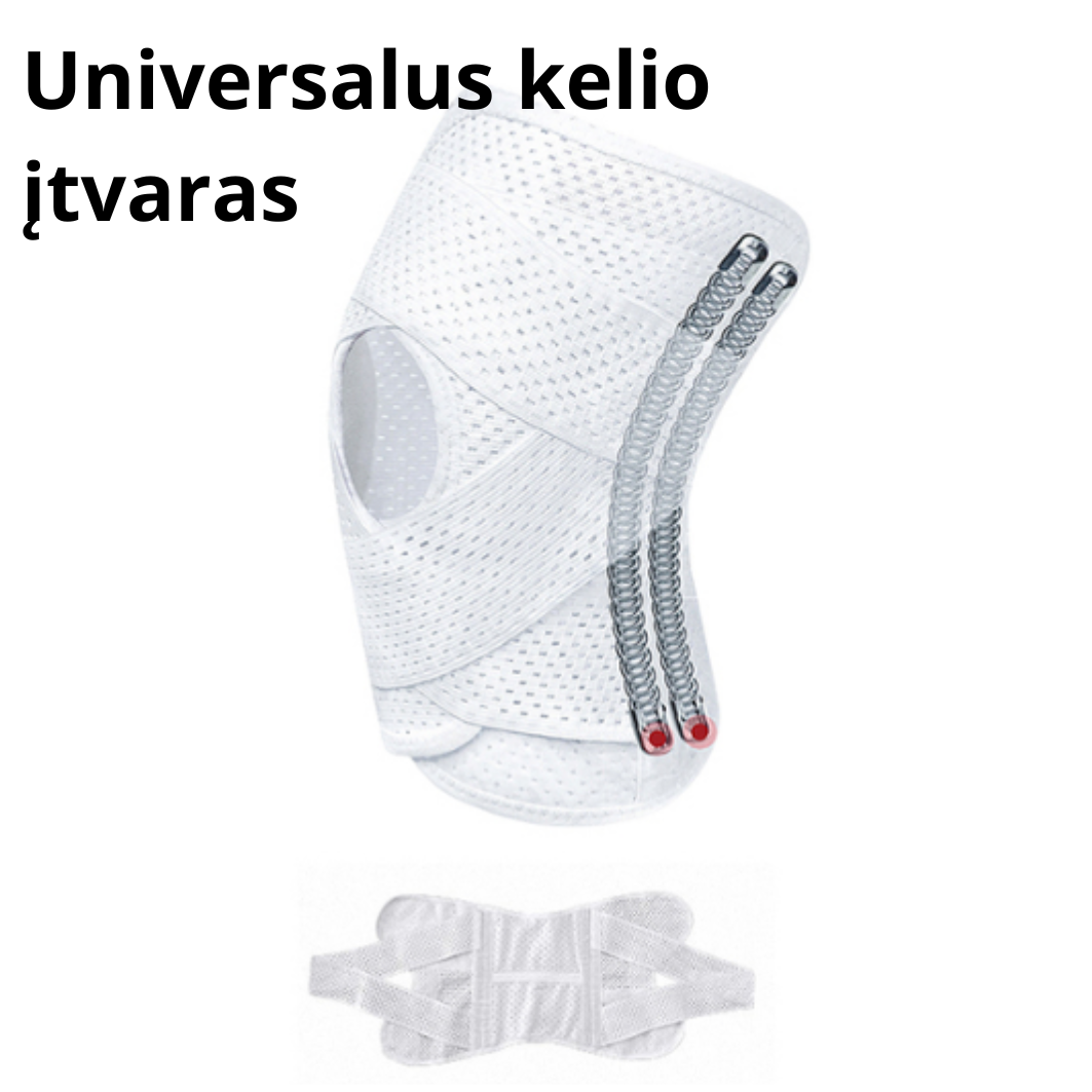 Universalus baltas kelio įtvaras su šoninėmis spiralinėmis atramomis, atvira girnelės sritimi ir reguliuojamais elastiniais dirželiais