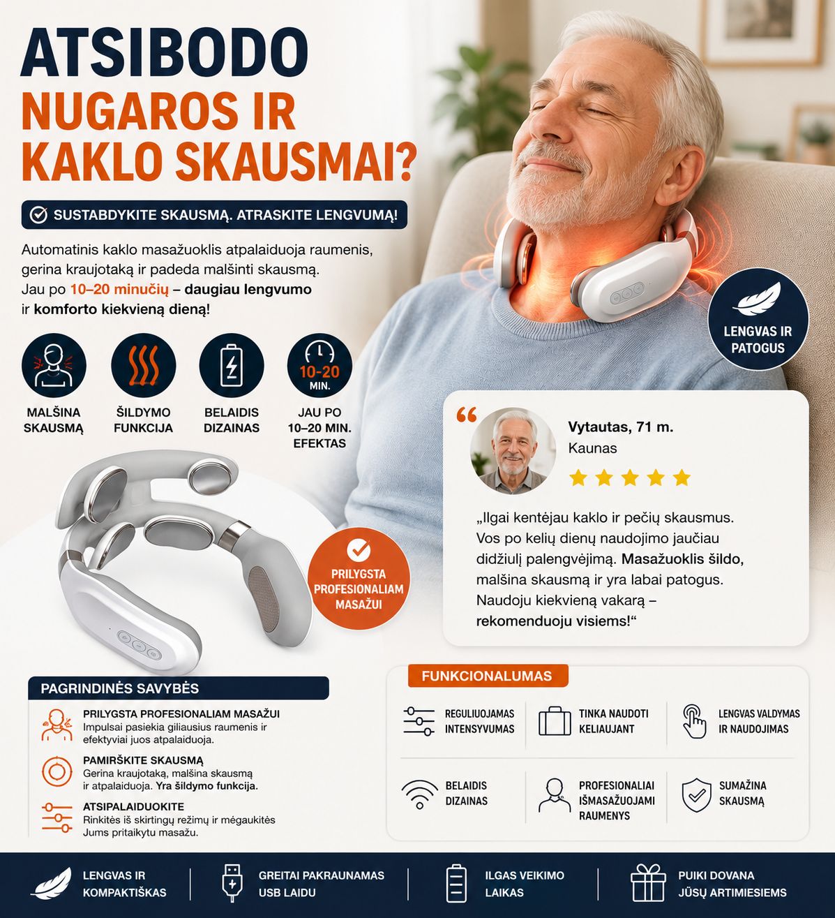 Vyresnio amžiaus vyras naudoja automatinį kaklo masažuoklį su šildymo funkcija ir elektrostimuliacija kaklo bei pečių raumenų atpalaidavimui