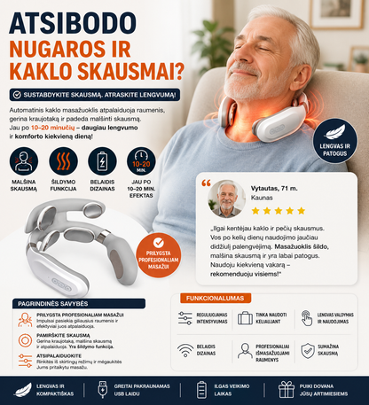 Vyresnio amžiaus vyras naudoja automatinį kaklo masažuoklį su šildymo funkcija ir elektrostimuliacija kaklo bei pečių raumenų atpalaidavimui
