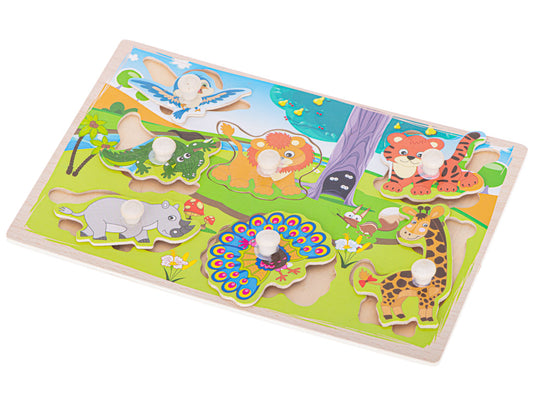 Medinė dėlionė safario žirafa liūtas