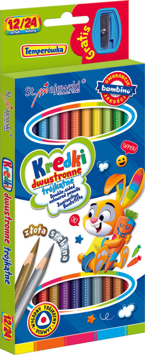 BAMBINO Mokykliniai trikampiai pieštukai dvipusiai 12/24 spalvų + galąstuvas