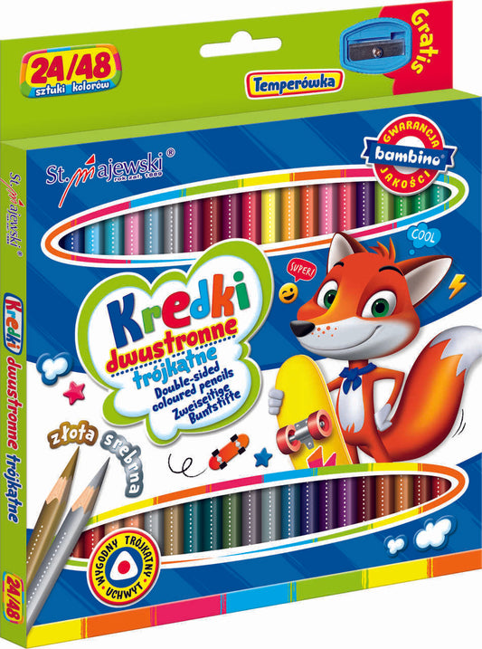 BAMBINO Dvipusiai trikampiai mokykliniai pieštukai 24/48 spalvų + galąstuvas