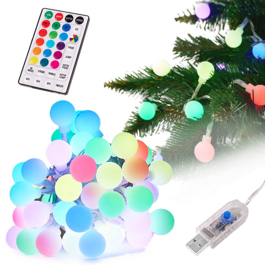 Dekoratyviniai LED mini medvilnės kamuoliukai 5 m 50LED USB + nuotolinio valdymo pultas 16 spalvų