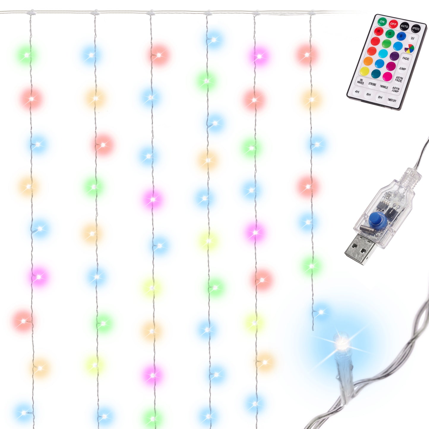 LED žibintai Vestuvių dekoracijos 3x3m 200LED USB + nuotolinio valdymo pultas 16 spalvų su atmintimi