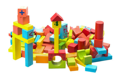 Spalvotos medinės kaladėlės kibirėlyje 100vnt.