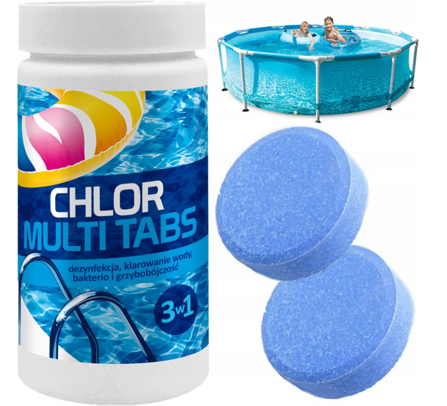 3 in 1 chloro tabletės baseinui – vandens dezinfekcijai, skaidrinimui ir apsaugai nuo dumblių.